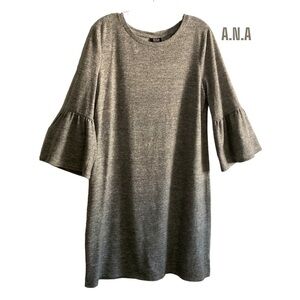 A.N.A Bohemia Gray Knee Length Knit Sweater Pullover Dress Mid Sleeve Size Lg
